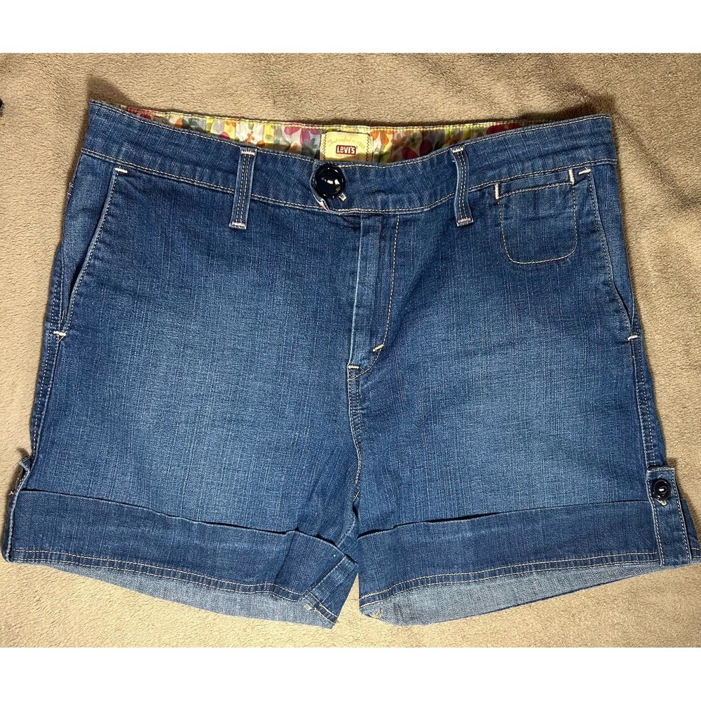 Levis Tab Twills Womens Denim Shorts Cuffed Floral Waistband Medium Wash Sz‎ 10